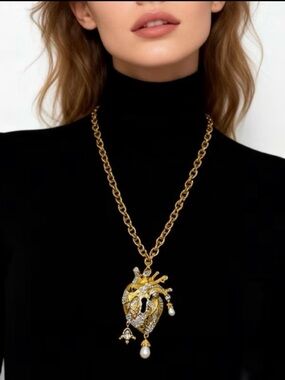 Schiaparelli Inspired Gold Heart Pendant Necklace with Pearl Drops